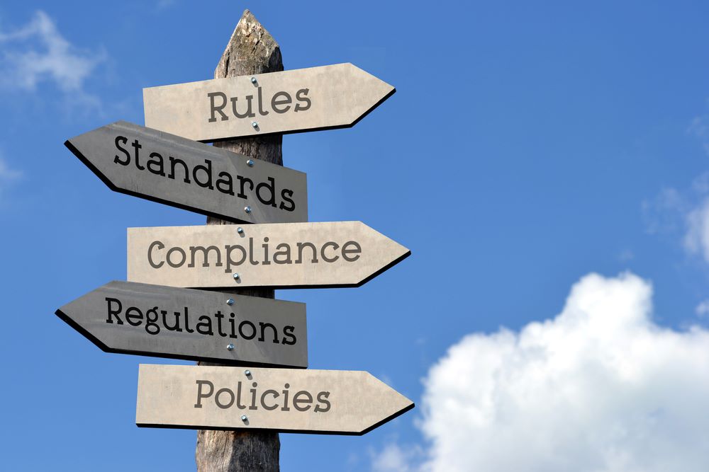 Wooden signpost displaying words like Rules, Standards, Compliance, Regulations, and Policies, featuring 411 Business Law, highlighting Advising on Environmental Compliance, and aligning with the page's context.